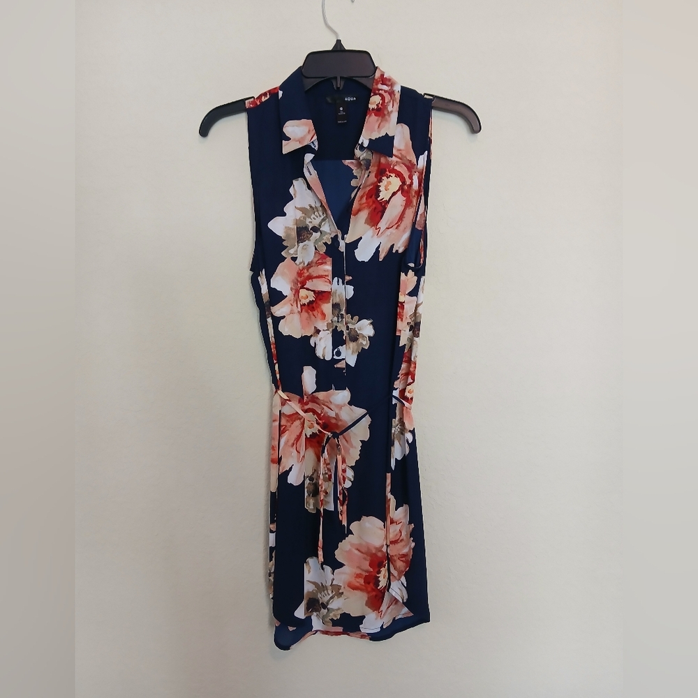 AQUA Sleeveless Floral Shirt Dress Navy